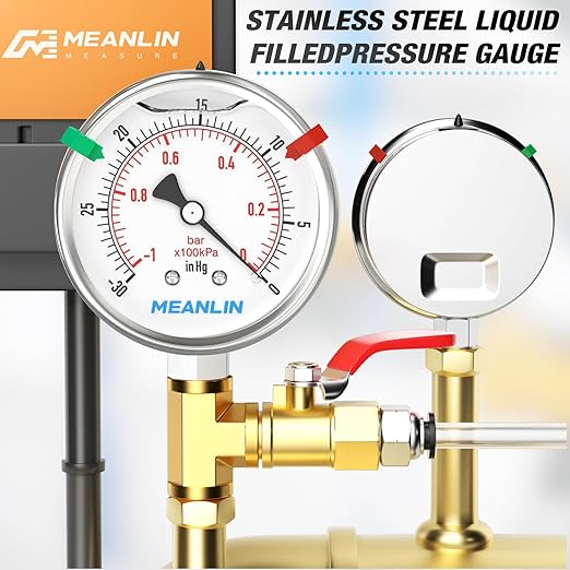 MEANLIN MEASURE -30inHG~0Psi Vacuum Pressure Gauge 316 Stainless Steel Joint 1/4" NPT 2.5" FACE DIAL, Stainless Steel Liquid Filled Pressure Gauge WOG Water Oil Air Lower Mount, 2PCS Snaps