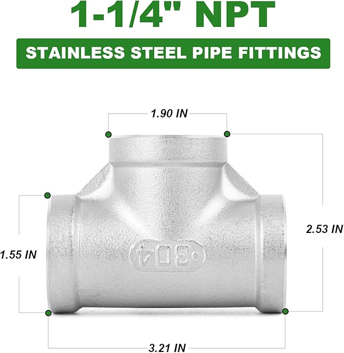 TAISHER 2PCS 304 Stainless Steel Tee Pipe Fittings, 1-1/4" x 1-1/4" x 1-1/4" NPT Female Pipe Fittings