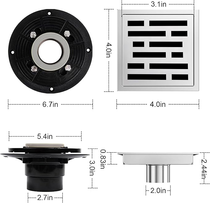 4 Inch Square Shower Floor Drain, Shower Drain Kit with Flange, Square Shower Drain, SUS 304 Stainless Steel Floor Drain,Silver