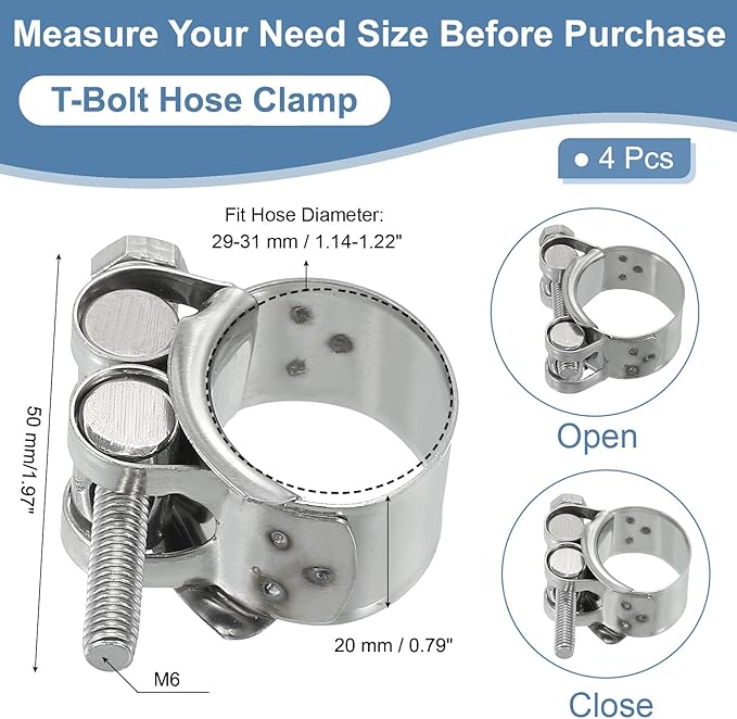 PATIKIL 29-31mm T-Bolt Hose Clamp, 4 Pack Intercooler Pipe Tube Clamps 304 Stainless Steel Radiator Hose Clamp for 1.14"-1.22" Pipe