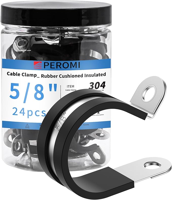24PCS 5/8" Double Cable Clamps with updated Riveted Reinforce, 304 Stainless Steel Rubber Cushioned Insulated Loop Pipe Metal Wire Clamps
