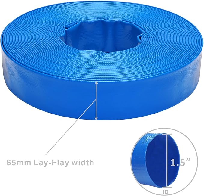 Lay-Flat Pool Backwash Hose - 1.5" x 100Ft Reinforced Heavy Duty PVC Discharge Hose Weather-Proof Vinyl Pool Drain Hose for Water Transfer with 2 clamps