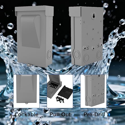 240VAC 60 Amp Non-Fused AC Disconnect Box, Outdoor Waterproof Metal Enclosure with Pull-Out Switch - for Home & Light Commercial HVAC, Condensing Units & Air Conditioning Systems - UL Listed