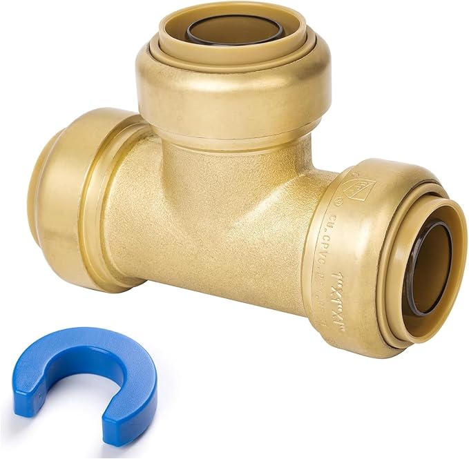 1" Pex Tee Pushfit, Push to Connect Brass Plumbing Fitting for Copper, CPVC, PEX Pipe, Brass Pex Fitting with Upgraded Stiffener, Disconnect Clip Included, NSF & UPC Certified