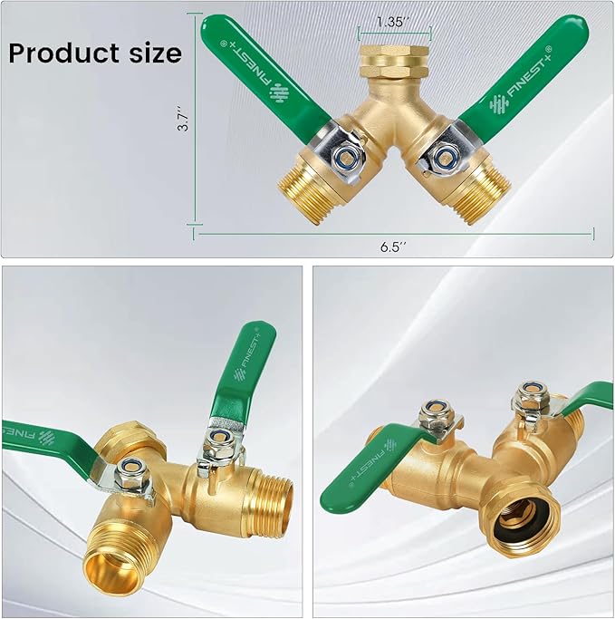 Garden Hose Splitter 2 Way, Heavy Duty Brass Y Valve Garden Hose Splitter With Stainless Steel Long Handle, Full Flow Hose Splitter Connector, Y Valve 3/4 Inch GHT Thread