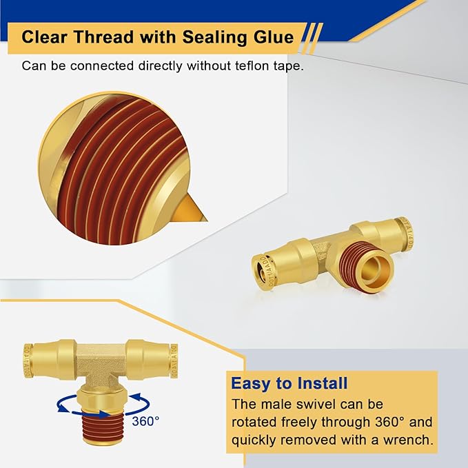 1/4" DOT Air Line Quick Connect Fittings, 3PCS Brass Push to Connect Fittings 1/4" Tube OD × 1/4" NPT Tee Union to Male Pipe Swivel for Truck Trailers Air Brake System