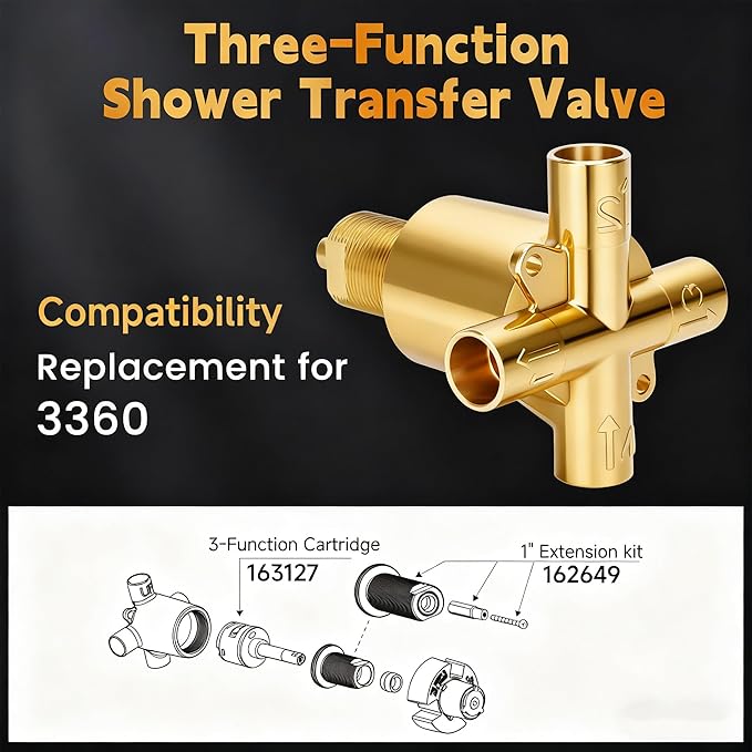 3 Way Shower Diverter Valve Replace for Moen 3360, 3360 Shower Diverter Valve for Bath, Standard 1/2" CC Connection, Brass Construction, 4 Inlet Design, Hot/Cold Water Inlets, Tub/Shower Outlet