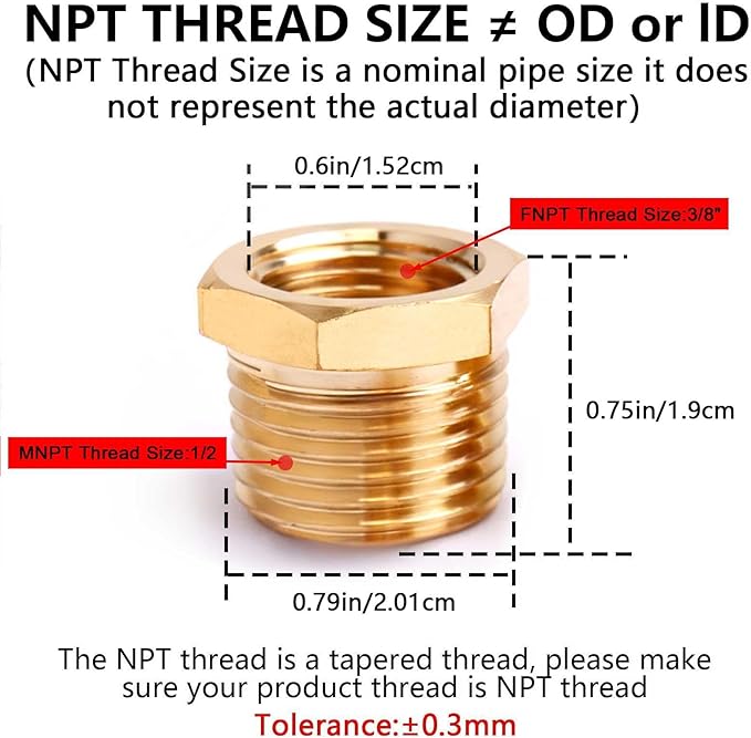 1/2" NPT Male to 3/8" NPT Female Brass Hex Bushing Reducing Bushing Pipe Fitting, Brass Fitting Reducer Adapter 3 Pack