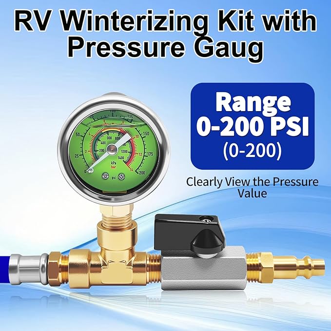 RV Winterizing Kit with Pressure Gauge, 60inch RV Winterize Hose with 3/4" GHT Blow Out Fitting Adaptor & 1/4" Quick Connect Plug, Sprinkler Winterization Kit for Camper, Boat, Travel Trailer, Blue