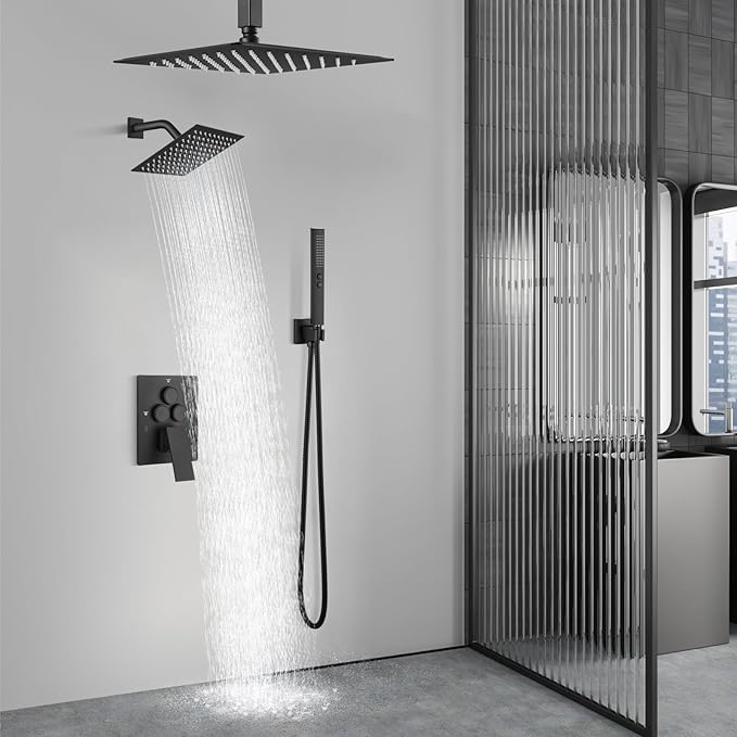 Aolemi Shower Faucet Set Ceiling Mount Shower System Rough-in Valve and Shower Trim Kit 16 and 6 Inch Dual Shower Head 2 in 1 Handheld Spray Push Button Diverter Matte Black