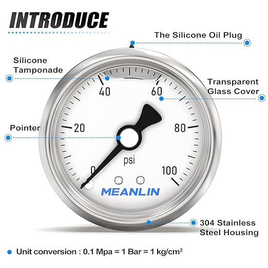 MEANLIN MEASURE 0~100Psi Stainless Steel 1/4" NPT 2.5" Single Scale FACE DIAL,Glycerin Filled Pressure Gauge, WOG Water Oil Air Back Mount, with 1/4" x 1/2" NPT and 1/4" x 3/8" NPT Hex Bushing