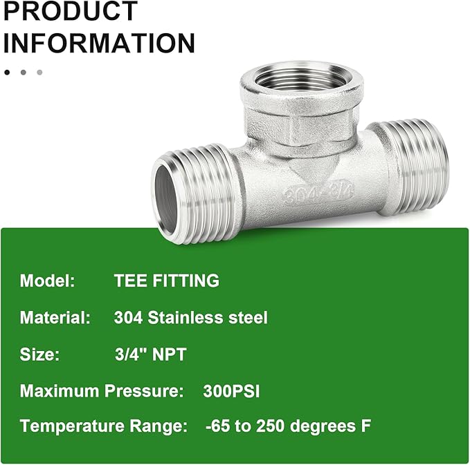 TAISHER 5PCS 304 Stainless Steel Tee Pipe Fittings, 3/4" NPT Male x 3/4" NPT Female x 3/4" NPT Male Pipe Fittings, Female Branch Tee