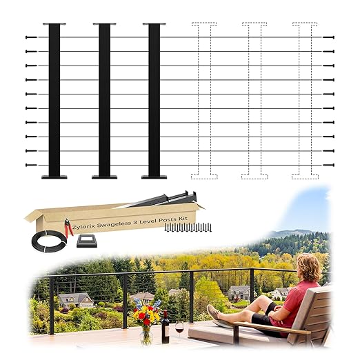Upgraded 8-20FT Swageless Cable Railing System Post Kit 36" with 3 Heavy-Duty T304 Stainless Steel Level Post, Patent Reusable Cable Railing Kit, Upgraded Outdoor Finish(No Handrail), Black