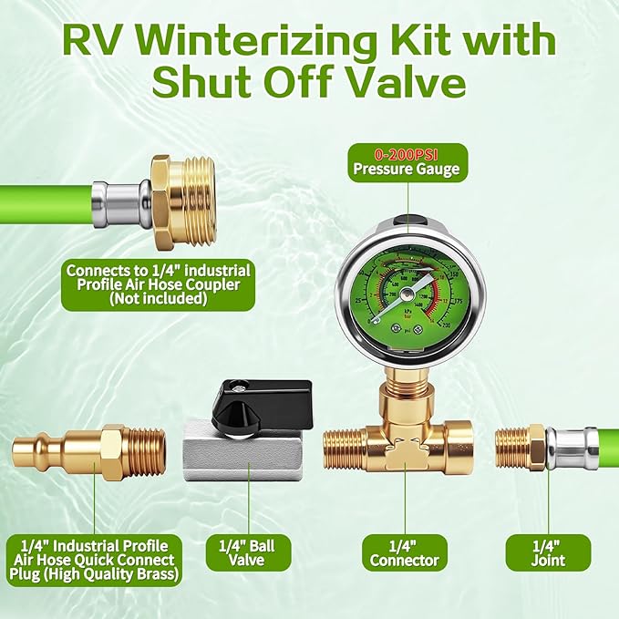 RV Winterizing Kit with Pressure Gauge, 60inch RV Winterize Hose with 3/4" GHT Blow Out Fitting Adaptor & 1/4" Quick Connect Plug, Sprinkler Winterization for RV, Camper, Boat, Travel Trailer, Green