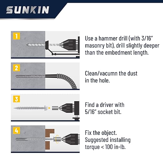 SUNKIN #14x1-5/8 inch Stainless Steel 18-8 Bi-Metal Masonry Concrete Screw, Hex Head Zinc Plated 60 PCS Exellent NO Rust for 20+ Years Ideal for Outdoors Projects