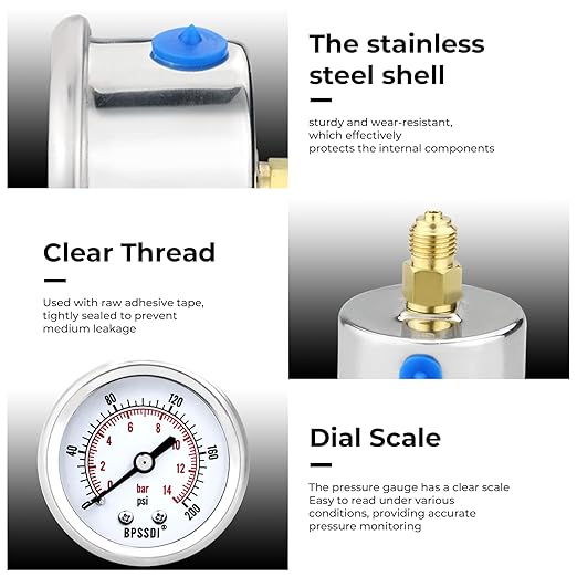 0-200 Psi Low Pressure Gauge, 2" Dial Size, 1/4 NPT Back Mount, Stainless Steel Case for Water Pressure Gauge Test for Water Pipe, HVAC(with Tape)