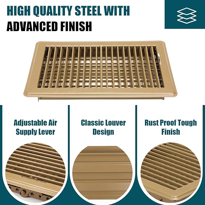 VOISEN Floor Register 6x10, 4 Pack Floor Vent Covers, Steel Adjustable Air Supply Grille Register Vent Cover Grill for Sidewall and Floor, Vent Covers for Home Floor,Brown