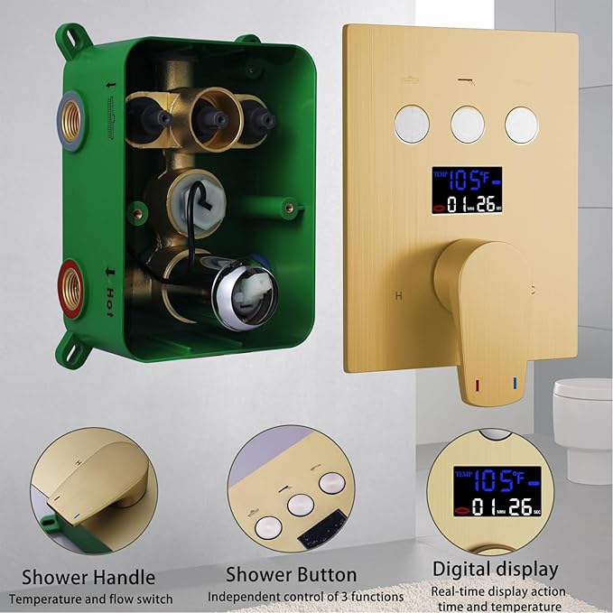 Temperature Display Rain Mixer Shower Faucet Set with 6 pcs Body Jets 12 inch Square Rainfall Shower Head with Handheld Spray Wall Mounted Rough-in Valve and Trim Included,Brushed Gold