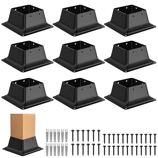 4x4 Post Base 9Pcs, Internal 3.5"x3.5" Heavy Duty Powder-Coated Steel Post Bracket Fit for Standard Wood Post Anchor, Decking Post Base for Deck Porch Handrail Railing Support with Screws