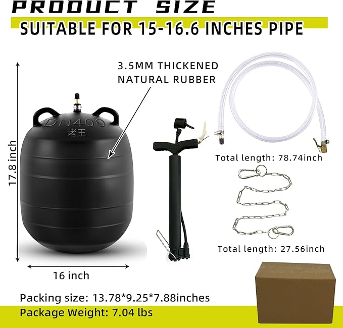 Test-Ball Pipeline Plugging Air Bag,Sewer Test Plug，Water Shut Off Airbag, Rubber Plumbing Balloon，Inflatable Pipe Test Plug，Used for Drainage Pipe, Sewage Pipe Temporary Water Blocking (16 Inchs)