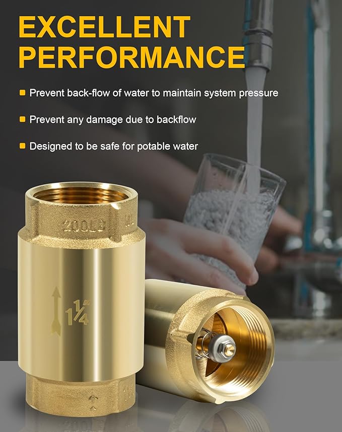 In-Line Check Valve No-Lead Brass Backflow Prevention One Way Check Valves 1-1/4" Female Pipe Thread for most pumps, 1.25'' FNPT × 1.25'' FNPT