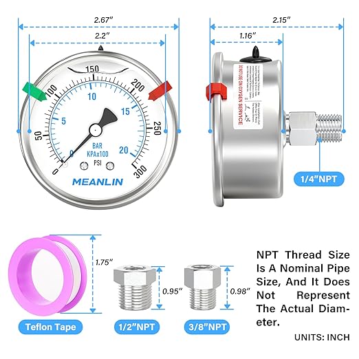 MEANLIN MEASURE 0~300Psi Stainless Steel Liquid Filled Pressure Gauge 2.5" FACE DIAL 1/4" NPT for Air Compressor Air Regulator Water Filter Back Mount with Stainless Steel Hex Bushing and Snaps