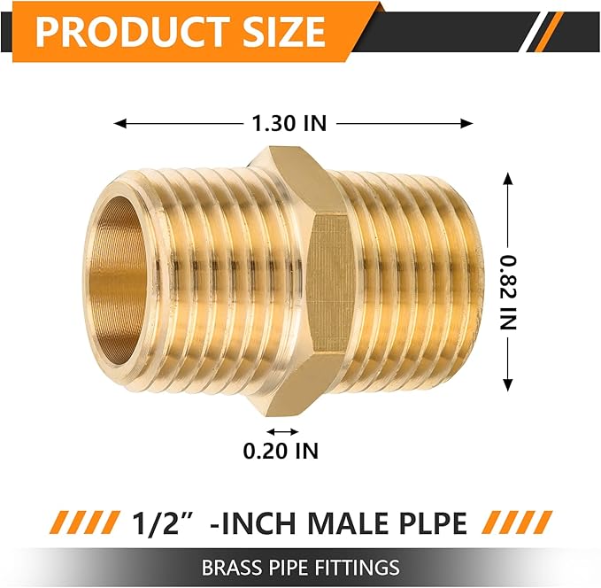 5-PCs HeSun Brass Hex Nipple Pipe Fitting, 1/2" NPT Male x 1/2" NPT Male Nipple Pipe Adapter(NPT013-5)