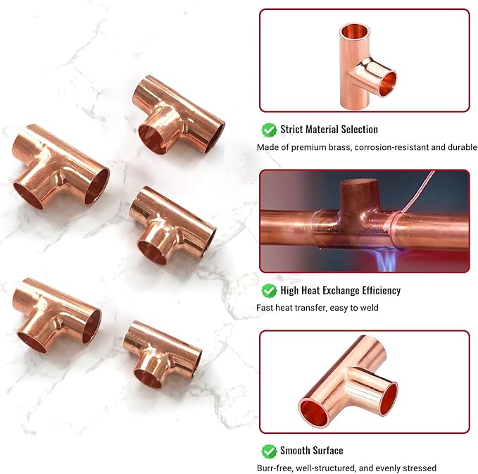 5/16" Copper Tee,Copper Three-Way Fitting Welding Joint, Sweat Solder Connection for Residential and Commercial Plumbing, HVAC Air Conditioning Systems (5 Pack)