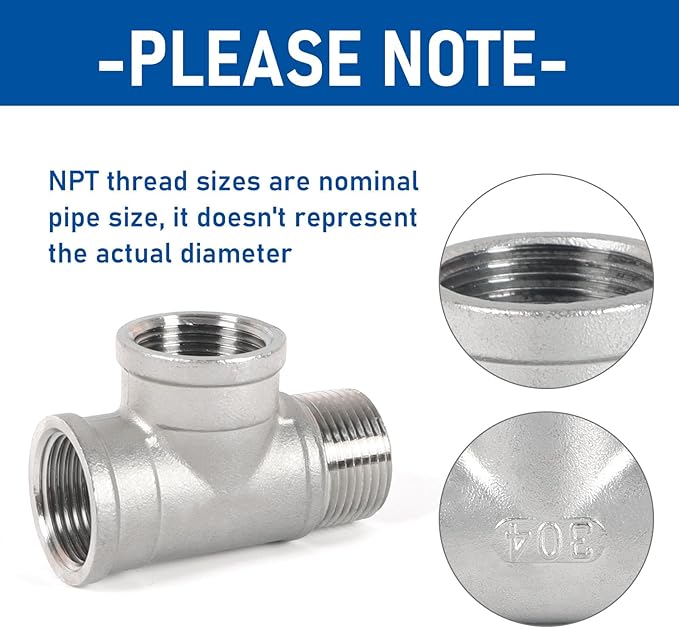 Kodilin Pipe Fittings 304 Stainless Steel Tee Pipe Fittings, Male Run Tee 1/4" NPT Female x 1/4" NPT Female x 1/4" NPT Male Thread Adapter - 4PCS