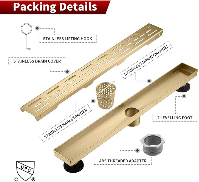 Sharp-tec Linear Shower Drain, 28inch Shower Drain with Removable Pattern Cover, Brushed Gold 304 Stainless Steel Rectangle Floor Drain, Adjustable Feet and Hair Strainer Included (Model 101)