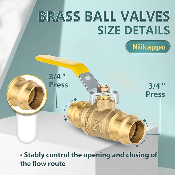 3/4" Press Ball Valve, 5 Pack Shut Off Valves with EPDM O-ring, Quarter Turn Brass Full Port Shut Off Ball Valve for Hot and Cold Water, NSF/ANSI 61 Certified