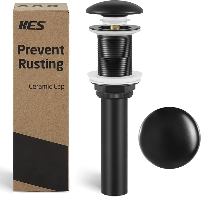 KES Bathroom Sink Drain Without Overflow, Solid Ceramic Cap Pop Up Drain for Bathroom Sink, Ceramic Bathroom Sink Stopper, All-Metal Body Matte Black, S2008D-CB