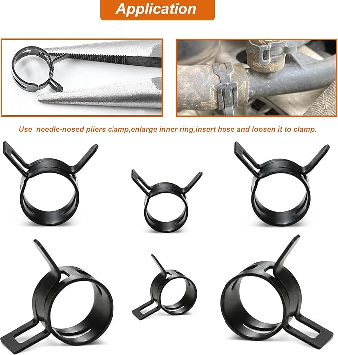AKIHISA 350 Pcs 6-19mm Spring Hose Clamp, Spring steel 65Mn Fuel Hose Clamp, 14 sizes for Silicone Vacuum Fuel Oil Hose Line Clamps
