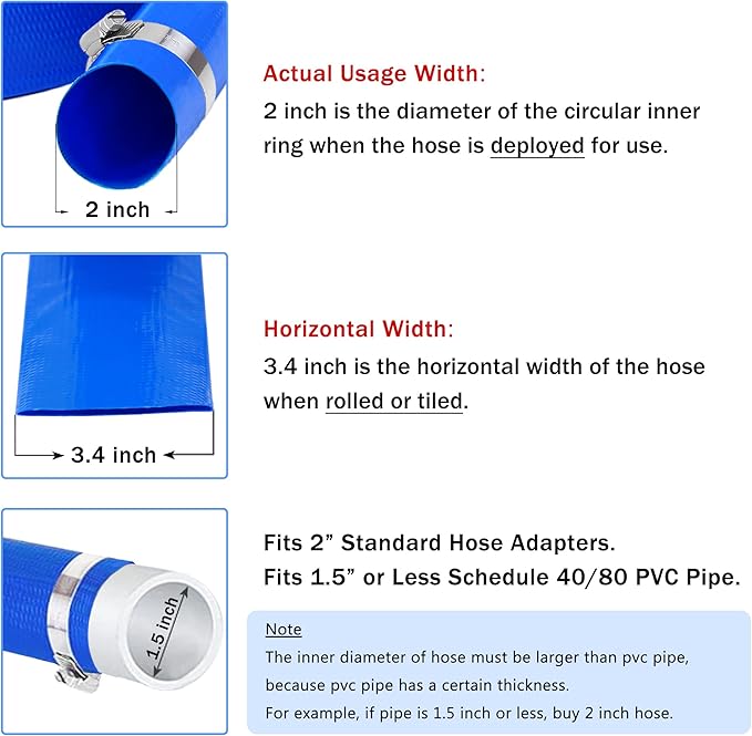 DAVCO 2" x 100 ft Pool Backwash Hose, Heavy Duty Reinforced Blue PVC Lay Flat Water Discharge Pump Hoses For Swimming Drain Pools and Clean Filters,with 1 Clamp