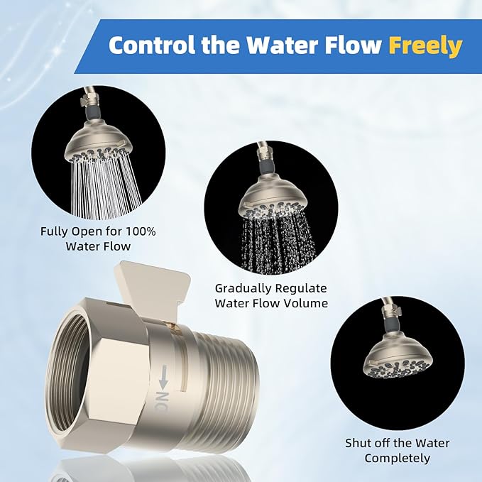Hibbent All Metal 3 Pack Shower Head Flow Control Valve, G1/2 Brass Shut-off Valve with Metal Handle Lever, Shut OFF Water Flow Control Regulator for Handheld Shower, or Bidet Sprayer, Brushed Nickel