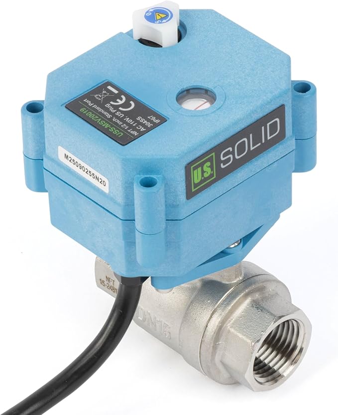 U.S. Solid 1/2 inch NPT 304 Stainless Steel Motorized Ball Valve - Plastic Electrical Ball Valve, 2 Wire Auto Return, AC 110~230V, Normally Closed, IP67, NSF Certified