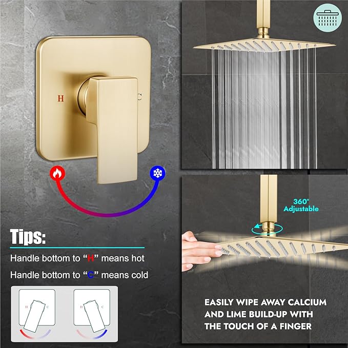 Heyalan Shower Faucet Set Square Stainless Steel Bathroom Rainfall Shower System One Handle Single Function Shower Trim Kit with Rough-in Valve Male Thread,Ceiling Mount,12 Inch,Brushed Gold