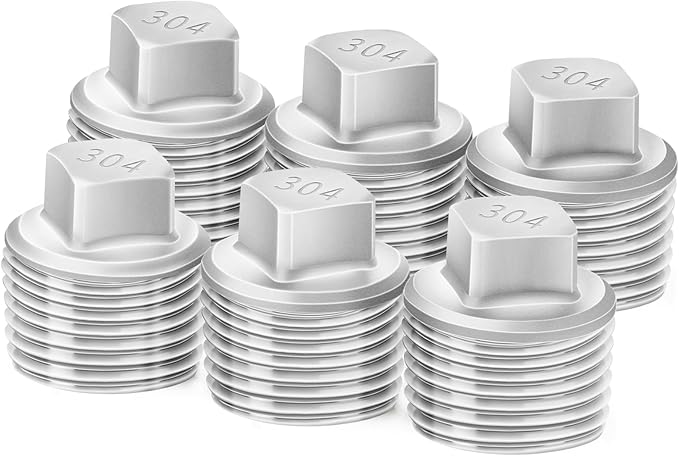 ChillWaves 304 Stainless Steel Pipe Fitting, Outer Square Head Socket Pipe Plug Fitting，3/8" NPT Male，Thread Adapter(6-PACK)