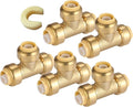 3/4" Pushfit Tee,5 Pack PEX Brass Push-fit Tee with 1 Pack Disconnect Clip, Push-to-Connect Plumbing Fittings for PEX, Copper, CPVC