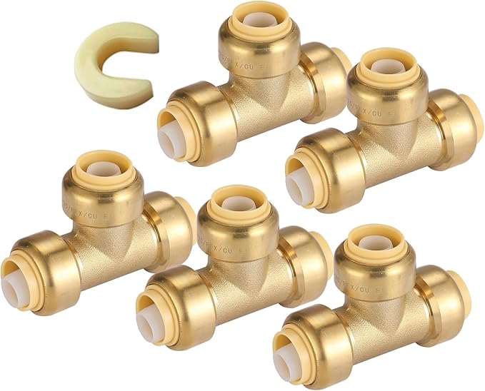3/4" Pushfit Tee,5 Pack PEX Brass Push-fit Tee with 1 Pack Disconnect Clip, Push-to-Connect Plumbing Fittings for PEX, Copper, CPVC