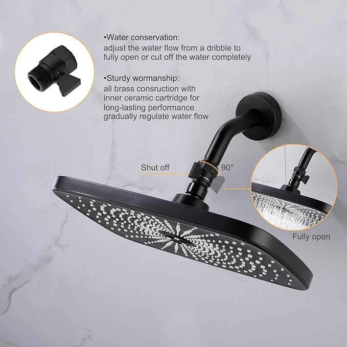 Matte Black Water Flow Control Valve, G1/2" Shower Head Flow Control Brass Shut Off Valve for Handheld, Water Pressure Regulator Replacement for Shower System