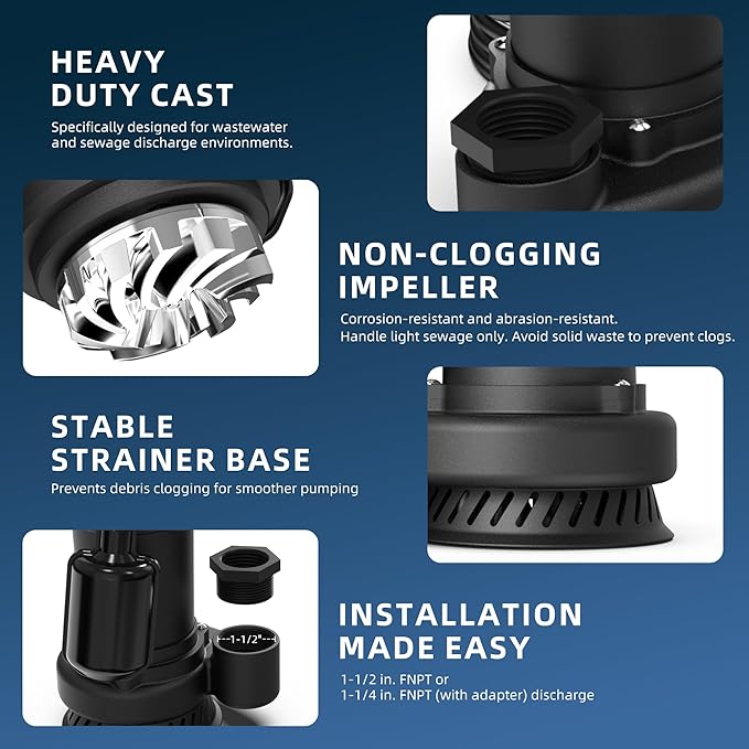 1/2 HP Sump Pump, 4200 GPH High Flow, 26 FT Lift, 115V Cast Iron Sewage Pump with Automatic Float Switch and Manual Control, Heavy Duty Sewage/Effluent Pump for Basement, 10 FT Power Cord