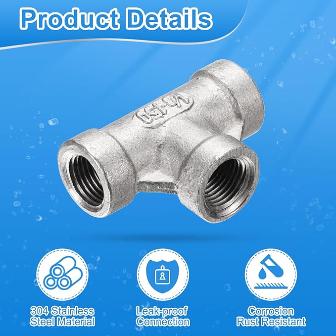 uxcell 4 Pcs 304 Stainless Steel Tee Pipe Fittings G1/8" Female Tee Adapter 3 Way t Shaped Cast Pipe Fitting Connector with Seal Tape for Plumbing Drainage Pipes Heating Systems