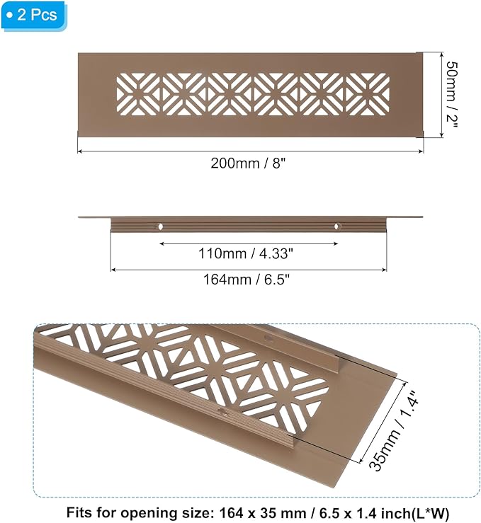 PATIKIL 8 x 2 Inch Door Air Vent Cover, 2 Pcs Heavy Duty Aluminum Grille Ventilation Cover Louvered with Mounting Screws for Cabinet Wardrobe Door, Brown