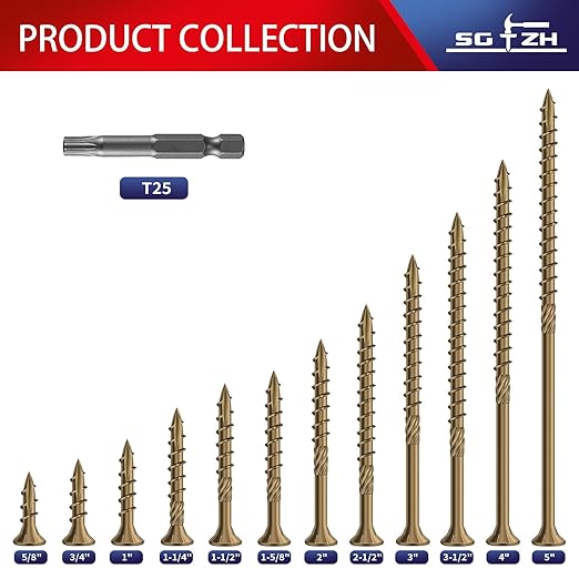 #8 x 1-1/4" Deck Screws (1592Pcs) 8lb. Carbon Steel, Yellow, Flat Head, Rust Resistant epoxy Coated, with T25 Star Bit