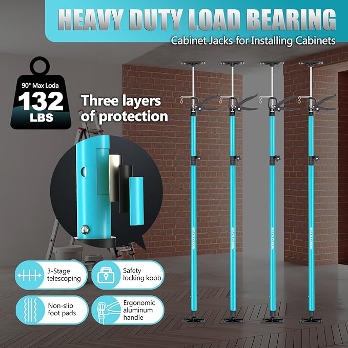 Steel Adjustable Cabinet Jack Support Pole, Quick Support Rod & Drywall Jack, Zip Wall Dust Barrier System, 3rd Hand Support System Load 132LB, Cabinet Installations Tools from 45.2-115.2 in, 4-Pack