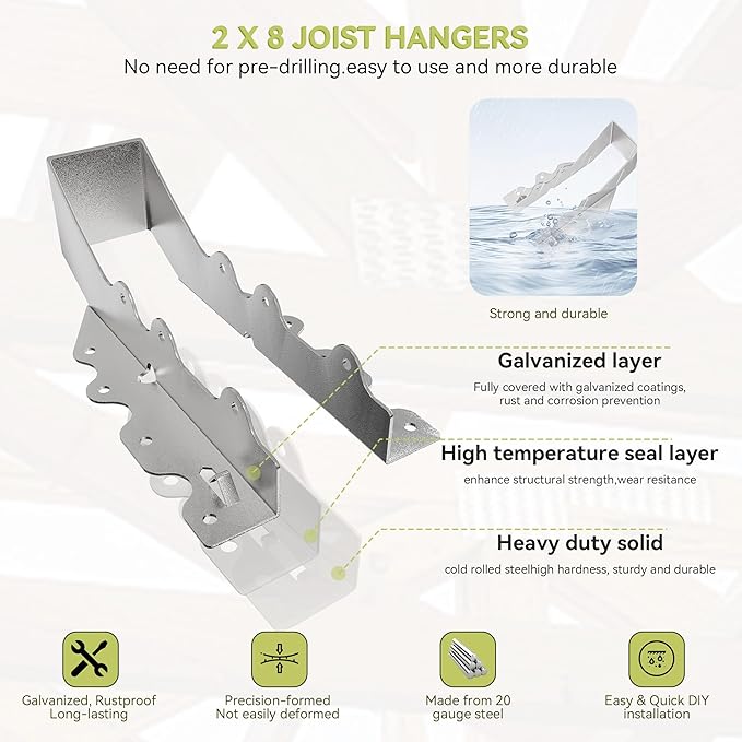 25 pcs 2x8 Joist Hanger,LU28 20 Gauge Galvanizing Face Mount Joist Hangers for Wood,Hurricane Tie for Rafter Fits Truss Connectors Rafter Hangers 2x8 Great for Floor Deck and Ceiling Joists