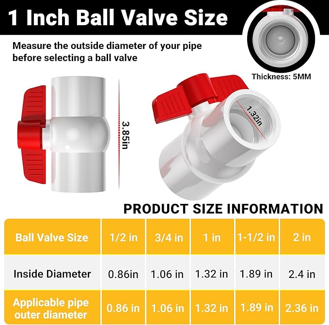 10PCS 1" NPT PVC Ball Valve, SCH40 PVC Water Pipe Valves Threaded, Red T Handle Water Shut-Off Ball Valve, Shut Off Valves Socket for Water Project, Swimming Pool, Sprinkler Lines, Irrigation System