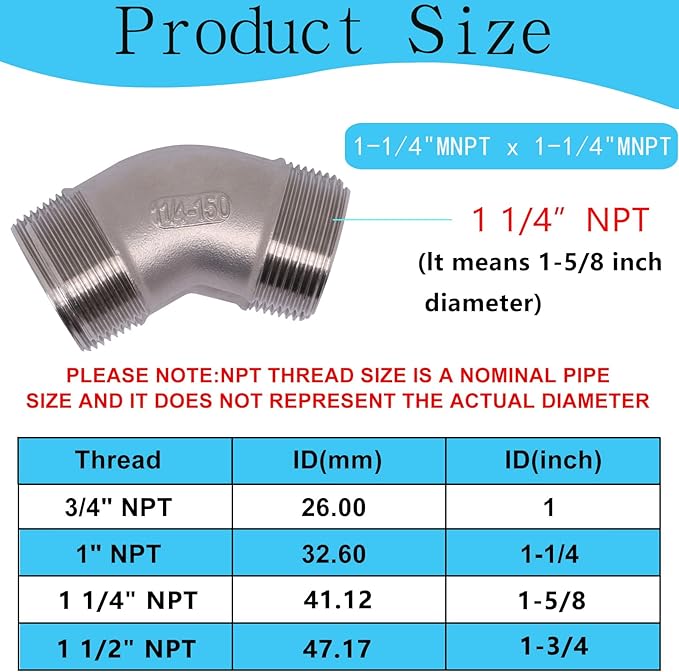 1PCS 304 Stainless Steel 45 Degree Elbow, 1-1/4" NPT Male Pipe to 1-1/4" NPT Male Coupler, Heavy Duty Forged Street Elbow Adapter Pipe Fittings, Class 150