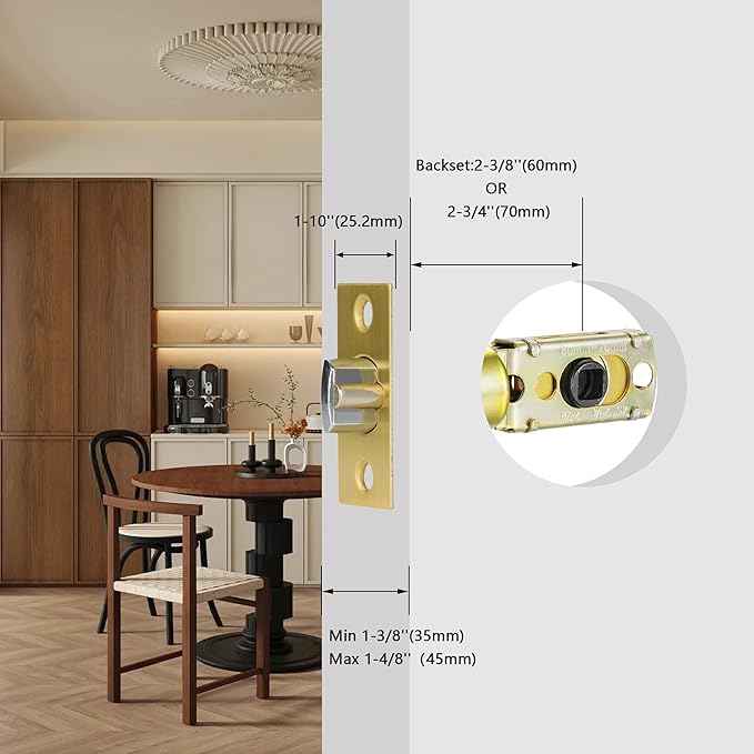 Adjustable Deadlatch Size 60/70mm 45°Turning Angle Square Hole 7.6mm Suitable for Keyed Entry Door Knob/Handle, Door Lock Replacement Parts with Door Strike Plate, Gold/Brass